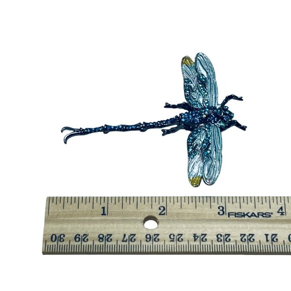 Dragonfly Brooch Pendant Articulated Tail Gunmetal Tone Blue/AB Rhinestones - Picture 8 of 11